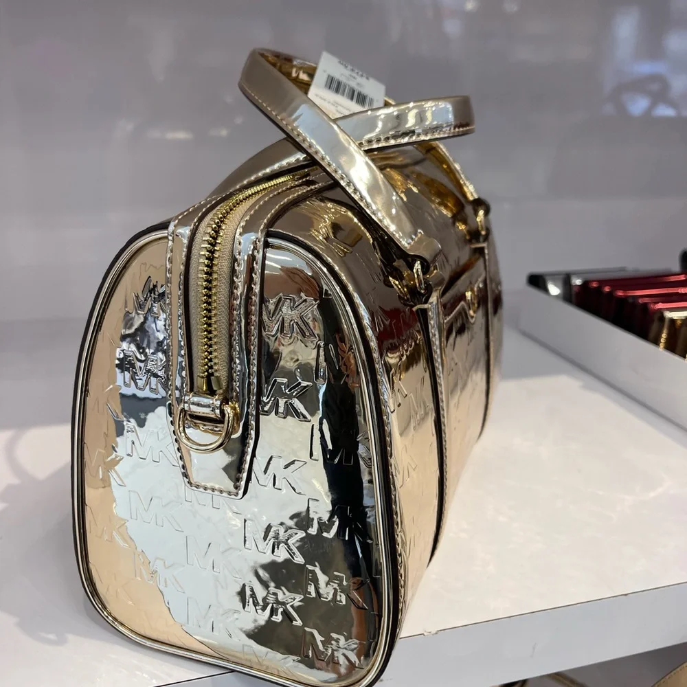 MICHAEL KORS Jet Set Medium Metallic Logo Debossed Satchel
Pale Gold 
NWT - Picture 3 of 16